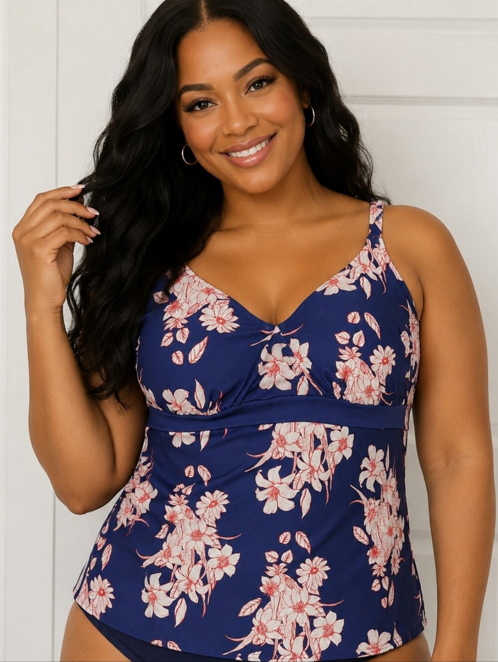 Fantasie Navy Tankini Top with Cream and Pink Floral Print